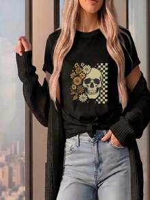 ComfortableCamiseta de algodón de manga corta con cuello redondo y estampado floral de calaveras para mujer, estilo casual y bonito, con hombros caídos y ligeramente elástica. Largo regular. Camiseta de manga corta para mujer, estilo básico que combina con todo, para uso interior y exterior. - Negro - Ver 8