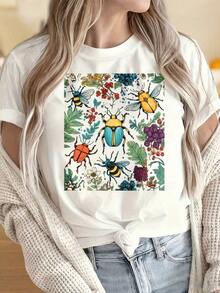 Women's And Men's Round Neck Short Sleeve T-Shirts With Colorful Beetle And Insect Floral Print, 's T-Shirt, Fashion Graphic T-Shirt, Nature Inspired Design, Summer Casual Wear, Fun Prints Ideal For Christmas Parties, Sports Activities, Holiday Parties, Outings, Sports And Other Festive Gifts. - 白色 - 查看 4