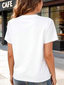 Camiseta estampada para mujer, de manga corta, cómoda, elegante, informal, adecuada para el uso diario, con texto en inglés estilo parisino y estampado de la Torre Eiffel. - Negro - Ver 8