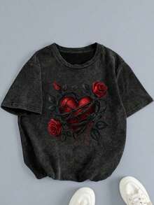 Camiseta de mujer talla grande con estampado de corazón de rosa con espinas, estilo callejero retro Y2K punk, blusa de verano casual de talla grande - Negro - Ver 4