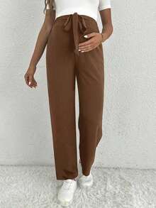 Pantalones anchos para mujer embarazada con detalle de nudo en la cintura, de unicolor y corte suelto - Camel - Ver 3