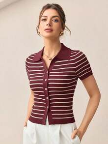 Suéter de punto con cuello vuelto, botones y rayas para mujer, prenda de punto superior para uso urbano, atuendo casual de negocios, ropa elegante para mujer - Burdeos - Ver 7