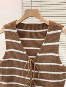 Chaleco de punto con rayas y nudo para mujer, de estilo casual - Caqui - Ver 3