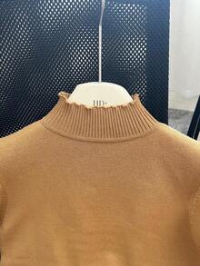 Suéter ajustado de punto de cuello alto medio, unicolor, de manga corta, para otoño e invierno, para mujer - Amarillo - Ver 5