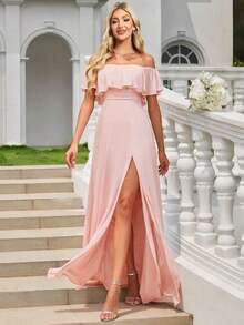 Vestido de dama de honor amarillo con volantes en los hombros, abertura alta y silueta A, adecuado para bodas de primavera/verano, fiestas, playa y vacaciones - Rosa - Ver 7