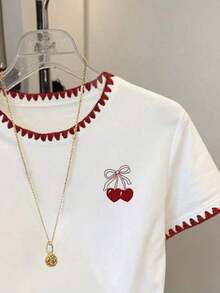 Camiseta casual de mujer con ribete de contraste, lazo y estampado de corazón, para verano - Blanco 4 - Ver 3
