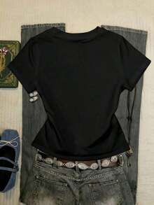 Women's Casual Round Neck Short Sleeve T-Shirt With Slogan Print - 黑色 - 查看 2