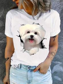 Camiseta de Mujer con Estampado de Perro Divertido y Moderno, Camiseta Deportiva Casual de Manga Corta y Cuello Redondo para Todas las Estaciones, Ropa de Mujer Hecha de Tejido Suave de Media Elasticidad, Lavable a Máquina, Tela Suave, Estilo Urbano Casual Adecuado para Usar Todo el Año - [Blanco] - Ver 6