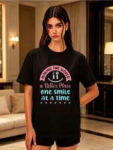 Camiseta de manga corta de 180 g para mujer, con estampado dental Una sonrisa hace que el mundo sea mejor, top casual holgado y lindo, para uso diario en la playa en verano, regalo de cumpleaños para ella, mamá, novia, colega, miembro del equipo - Camiseta unisex de algodón holgada de manga corta y cuello redondo estilo vintage urbano. - Negro - Ver 1