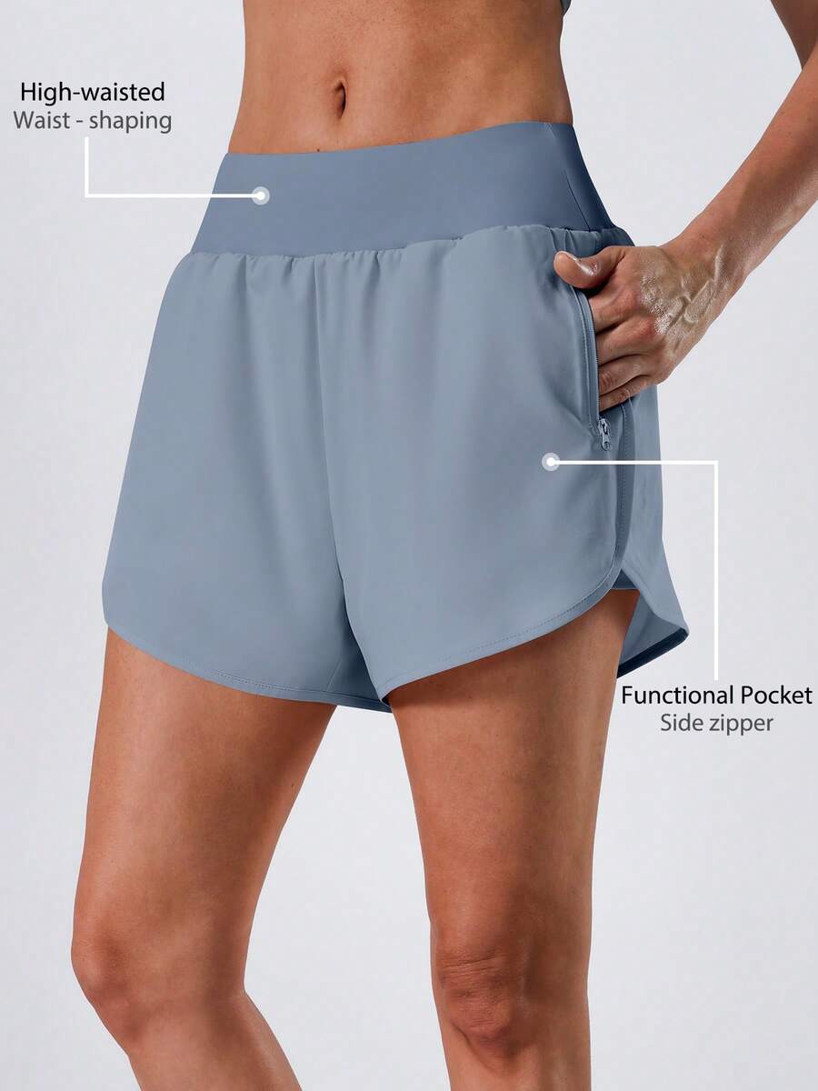 NcmRyu 1pc Women Solid Color Side Zipper Pocket Lined Sports Shorts - Dusty Blue - View 1