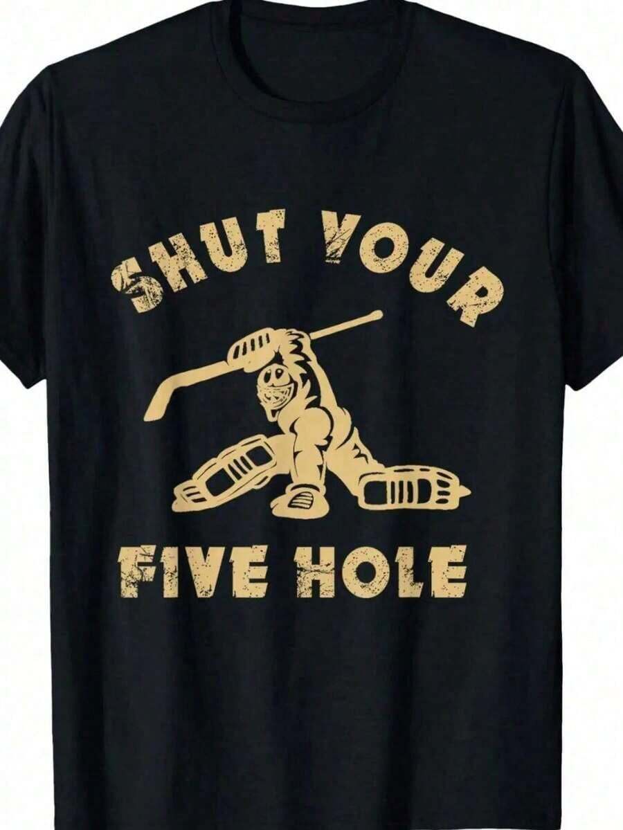 Camiseta Retro Vintage de Hockey sobre Hielo - Divertida Camiseta Gráfica de "Cierre los Cinco Agujeros" Fans y Entusiastas del Hockey, Ropa Casual Clásica Hombres - Negro - Ver 1