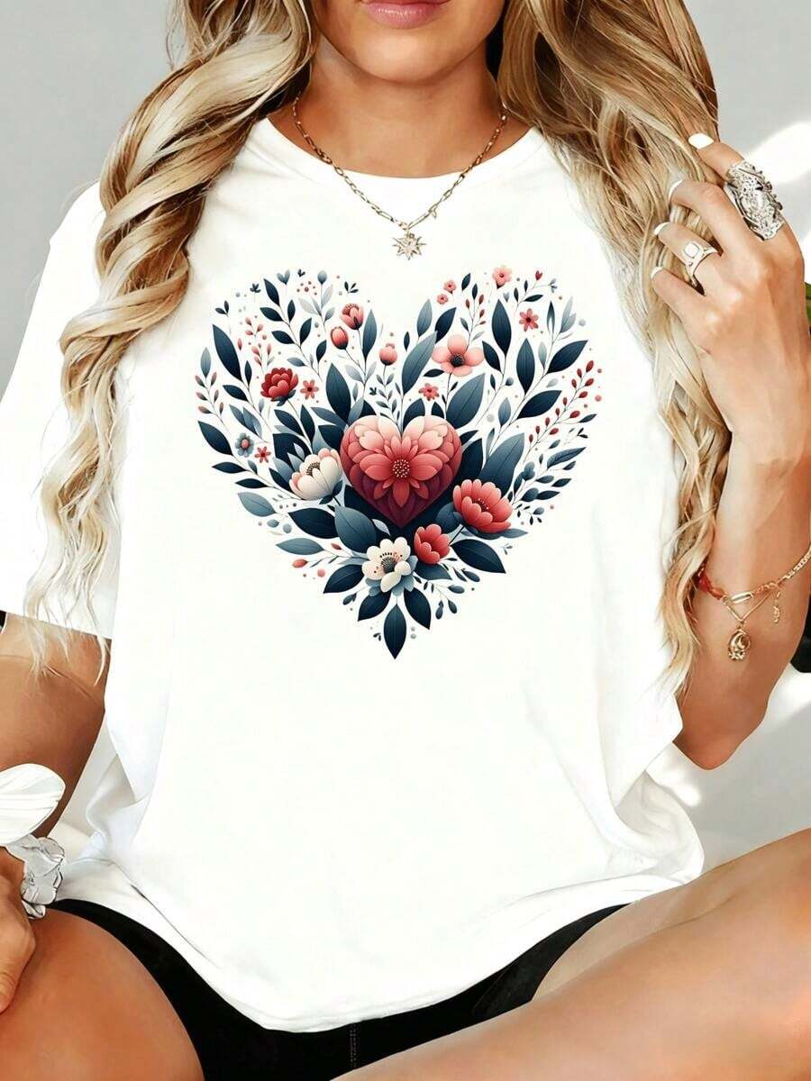 Nueva Llegada 2026: Camiseta de Mujer con Estampado Floral de Corazones, Corte Holgado, Estilo Casual de Verano, Talla Grande, Blanca, con Diseño Gráfico, para Ocio en Casa o al Aire Libre, Regalo para el Día de San Valentín o Fiestas. Tela Suave, Transpirable, 100% Algodón, para Uso Diario, Camiseta de Mujer con Estampado Gráfico. - Blanco - Ver 1