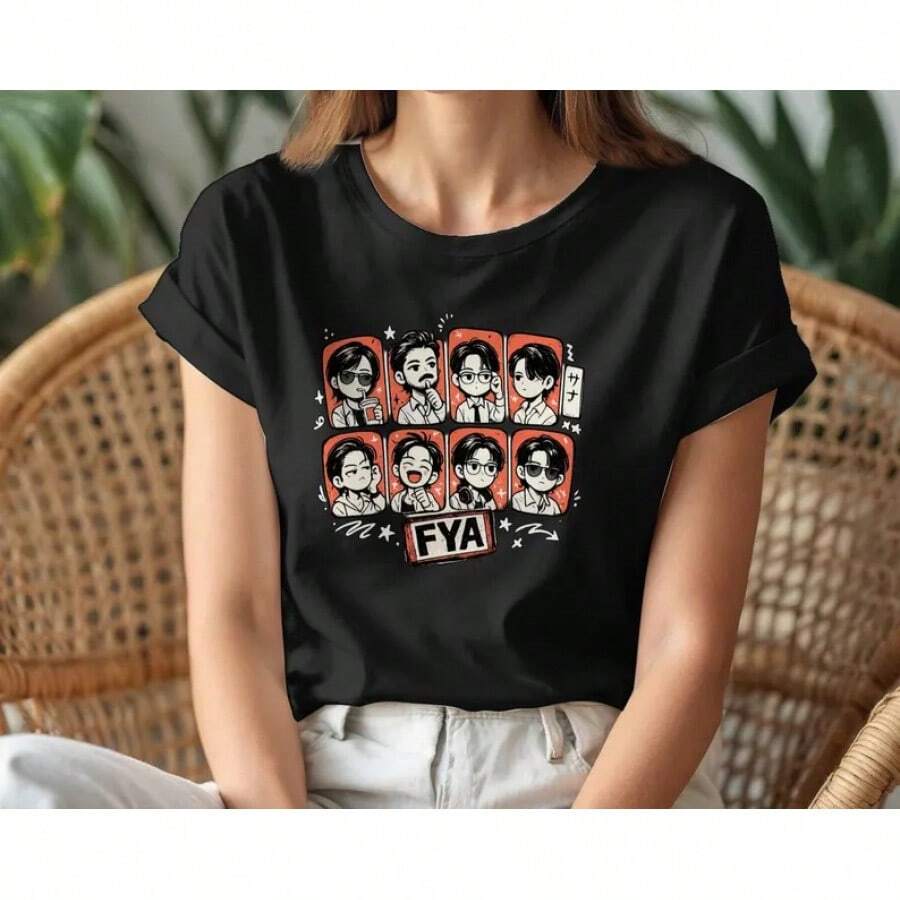 BT21 FYA, Boy Band, Camiseta de Estilo Ídolo Coreano con Diseño de Dibujos Animados - Negro - Ver 1