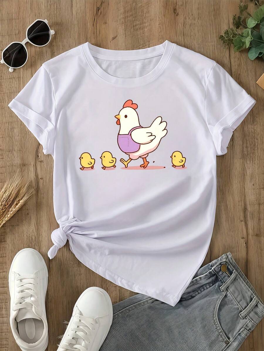 Camiseta con estampado gráfico, manga corta y cuello redondo, top casual para verano y primavera, ropa de mujerDaily Casual Round Neck Short Sleeve-Shirt Women - Blanco - Ver 1