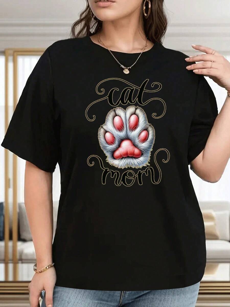 1 camiseta de talla grande para mujer con estampado de "madre de gatos" - Top suave para uso diario con estampado de patitas de gato - Lavable a máquina, regalo para amantes de mascotas, ropa casual para dueños de gatos, diseño elegante y cómodo, fácil de usar, 100% algodón de 180g. - Negro - Ver 1