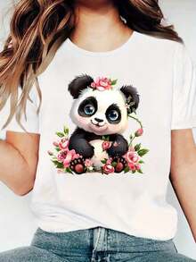playeras de mujer algodon Camiseta gráfica de panda lindo para mujeres con diseño de flores - Camiseta de manga corta de verano con cuello redondo, blanca con panda negro y rosas rosadas, camisetas para damas 100% Algodón >ropa - Blanco - Ver 7