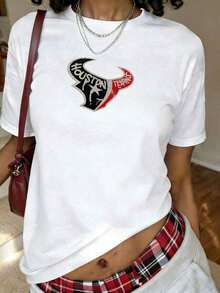 Camiseta con Estampado de los Houston Texans, Manga Corta, Cuello Redondo, Estilo Casual para Verano y Primavera, Ropa de Mujer - Blanco - Ver 1
