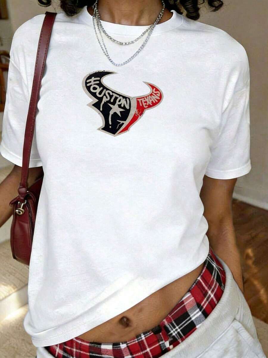Camiseta con Estampado de los Houston Texans, Manga Corta, Cuello Redondo, Estilo Casual para Verano y Primavera, Ropa de Mujer - Blanco - Ver 1