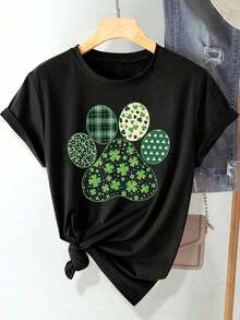 short-sleeveCamiseta casual de talla grande para mujer con gráfico vintage de trébol y pata de perro para el Día de San Patricio, de manga corta, cuello redondo, cómoda y adecuada para uso diario, vacaciones y actividades al aire libre100% Cotton - Negro - Ver 6