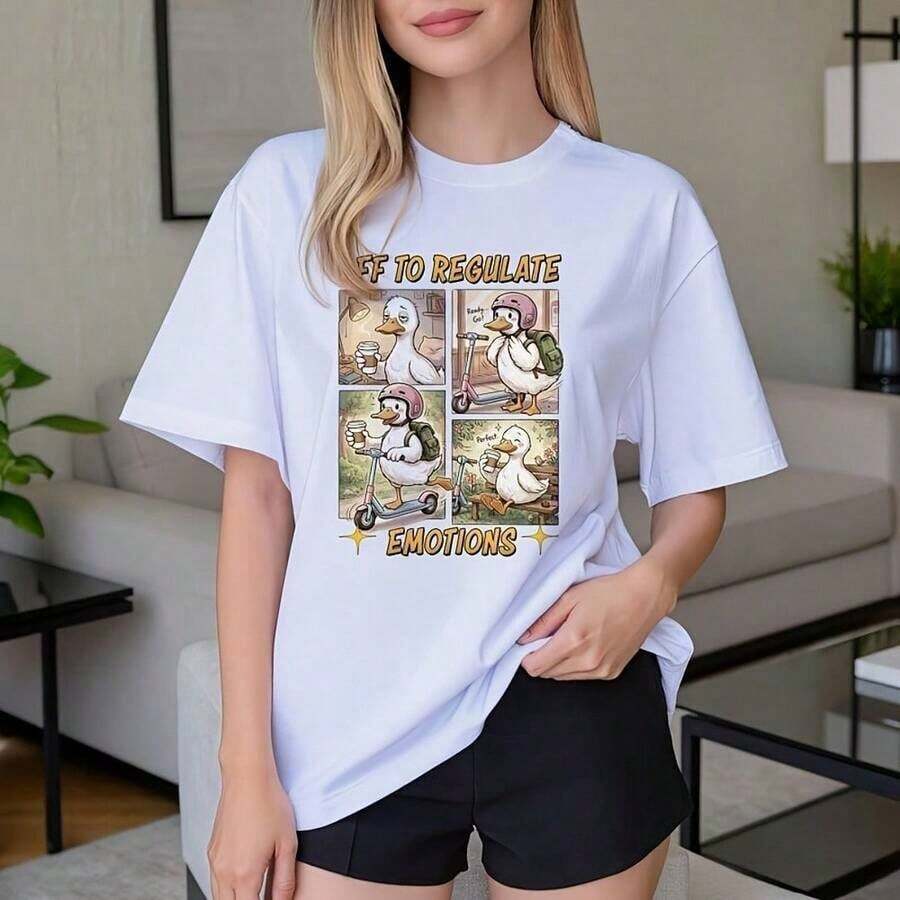 short-sleeveCamisa "A regular las emociones", Camiseta de salud mental, Camiseta divertida de maestro con animal, Regalo de psicólogo, Camiseta "Ganso tonto", Camiseta de amante del café100% Cotton - Blanco - Ver 1