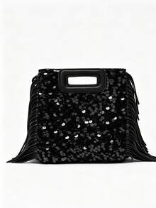 1 Women's Sequin Tassel Crossbody Bag, With PVC And Polyester Lining, Small Square Tote Bag With Handle Cutout, Available In Several Colors, For Parties And Evening Events - Black - View 1