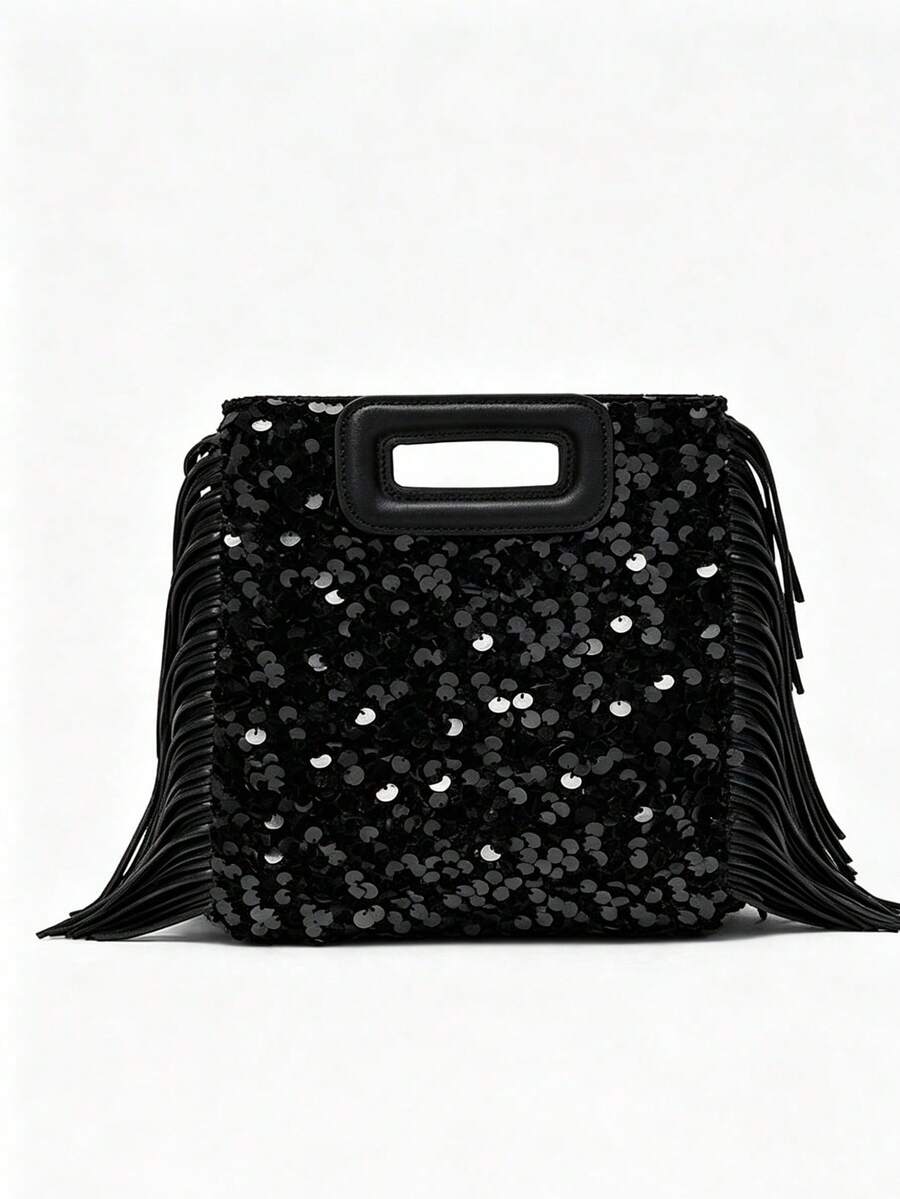 1 Women's Sequin Tassel Crossbody Bag, With PVC And Polyester Lining, Small Square Tote Bag With Handle Cutout, Available In Several Colors, For Parties And Evening Events - Black - View 1
