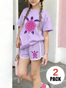 2pcs Girls Casual Set, Round Neck Short Sleeve Top + Sports Shorts, Printed With Turtle Pattern, Comfortable And Soft, Suitable For Summer Wear - Multicolor - View 2