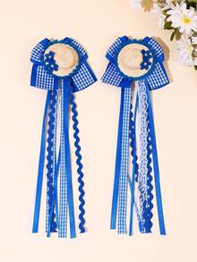 2pcs Blue Plaid Bow Hair Clips, Suitable For Girls, Pearl Flower Decor Hair Clips, Holiday Accessories, Personalized Hair Clips For Girls And Teens, Great For Spring And Summer Parties - Blue - View 1
