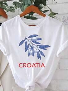 Camiseta moderna y minimalista para mujer "CROATIA" con motivo de rama de olivo croata, decorada con un eslogan de rama de olivo azul, de manga corta informal, estilo sencillo en azul y rojo, adecuada para atuendos de viaje croatas, uso diario casual. - Blanco - Ver 1