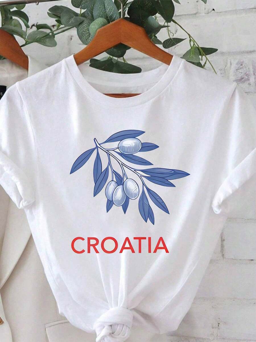 Camiseta moderna y minimalista para mujer "CROATIA" con motivo de rama de olivo croata, decorada con un eslogan de rama de olivo azul, de manga corta informal, estilo sencillo en azul y rojo, adecuada para atuendos de viaje croatas, uso diario casual. - Blanco - Ver 1