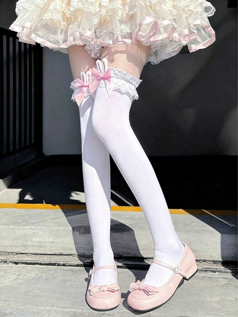 1雙可愛蕾絲飾邊兔耳過膝襪,白色蘿莉塔甜美大腿襪,長筒襪,JK襪 - 彩色 - 查看 1