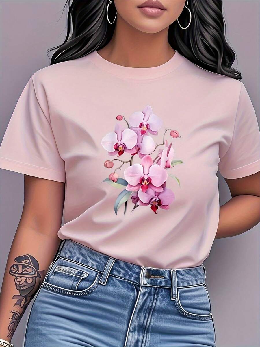 T-Shirt With A Pink Orchid Print, Short Sleeves, And A Round Neck. Women's Clothing, Fresh And Elegant Style, Versatile And Casual, Suitable For Everyday Wear, Parties, Dates, And As A Birthday Gift. MG3E - 淺粉色 - 查看 1