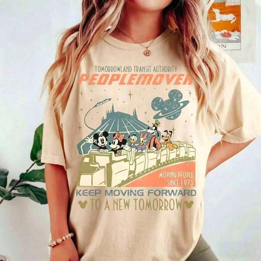 Soft Buy Vintage  Space Mountain And Friends T-Shirt, Tomorrowland Transit Authority People Mover T-Shirt, Keep Moving, WDW Disneyland, Casual Blouses, Women's Cotton T-Shirts - 杏色 - 查看 1