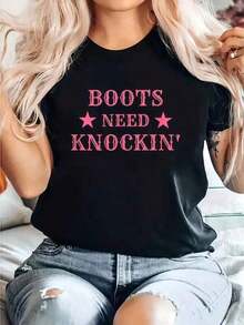 Round Neck Camiseta Con Estampado Los Botas De Vaquero Necesitan Golpearse , Estilo Country, Cuello Redondo, Manga Corta, Cómoda Para Primavera Y Verano, Ropa De Mujer Summer Essentials,Summer Outfits For Women,Graphic Tees Blusas Para Mujer Casual - Negro - Ver 6