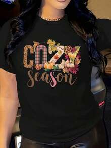 Camiseta Casual de Manga Corta para Mujer - Estampado Geométrico Inspirado en la Temporada de Otoño con Hojas y Calabazas, Cuello Redondo, Corte Relajado, Atuendo para Fiesta de Halloween, Ropa para Festivales de Verano y Otoño, Opciones Multicolor (Blanco en la Imagen) - Atuendo Casual Cómodo, Regalo de Moda de Temporada, Ropa de Halloween, Top Duradero, para Amantes de las Fiestas, Ropa Musical, Top con Estampado de Vaca Adecuado como regalo. playera de mujer. blusas>elegantes. boho chic,Top de mujer suave, transpirable y cómodo, ideal para primavera, verano y otoño, perfecto para vacaciones, viajes y uso diario. - Negro - Ver 6