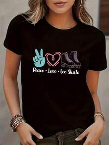 1 camiseta con estampado de patines, de manga corta, cuello redondo, estilo casual para verano y primavera, ropa de mujer, 180g 100% algodón. - Negro - Ver 11