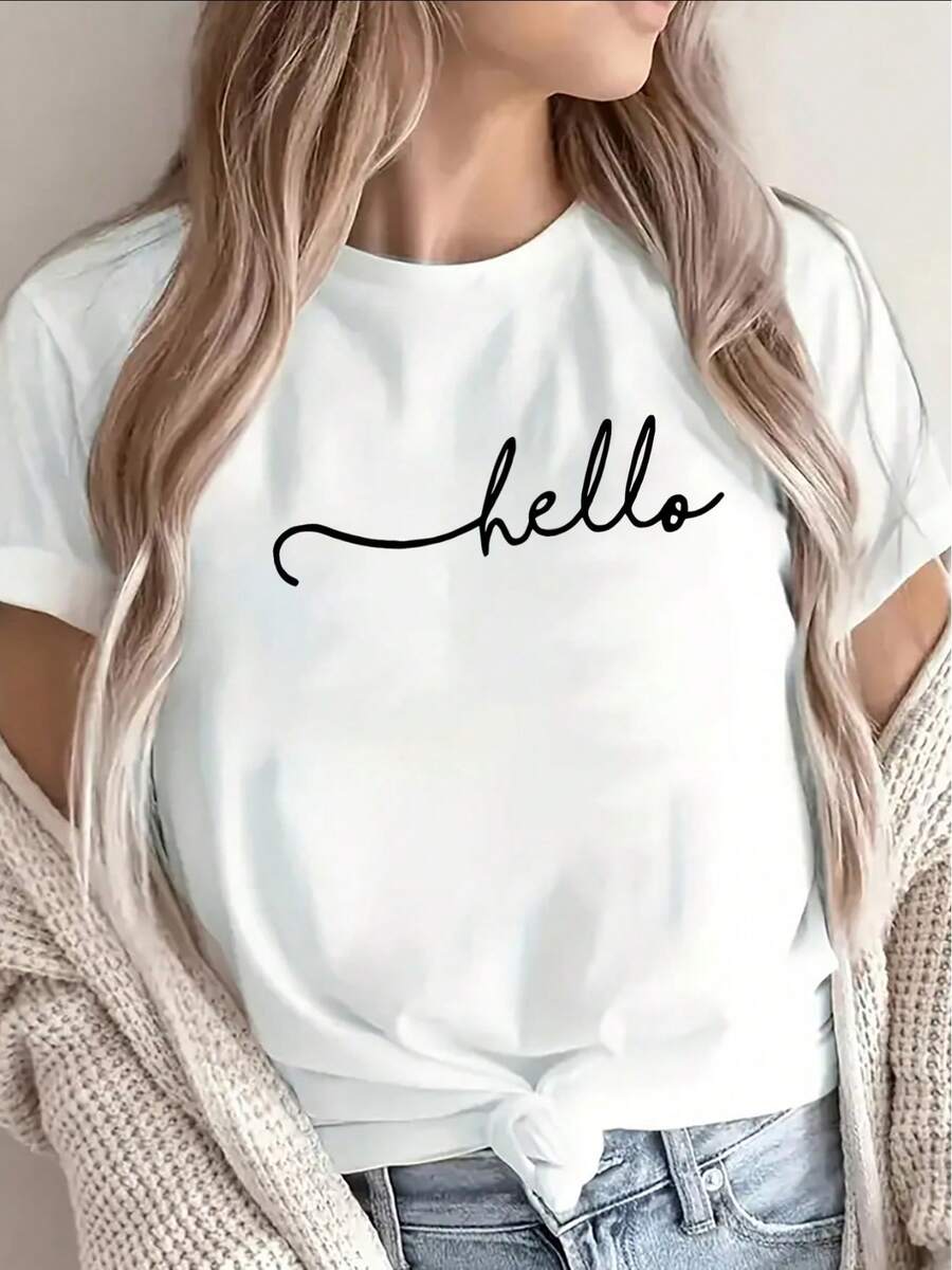 1 Short-Sleeved Polyester T-Shirt In Black And White, Printed With The Word "Hello", Lightweight And Durable, Suitable For Casual Wear At Home, In Cafes Or Offices, A Comfortable Everyday Clothing Option. 100% Cotton, 180g. - 白色 - 查看 1