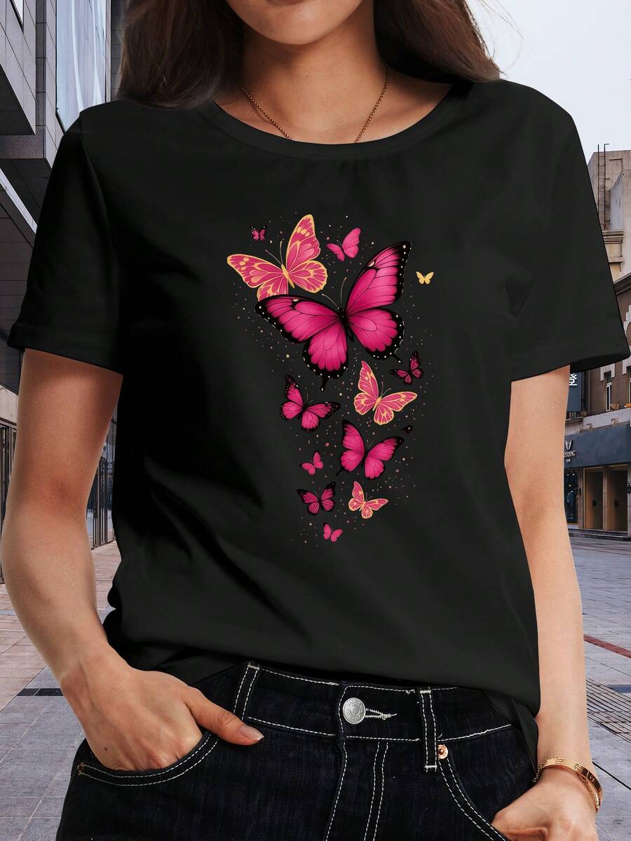 Women's Casual T-Shirt With Butterfly Print - Short Sleeve, Round Neck, Stretch Fabric, Bright Pink Butterfly Design, Suitable For Spring, Summer And Autumn, SMGE Butterfly T-Shirt - 黑色 - 查看 1