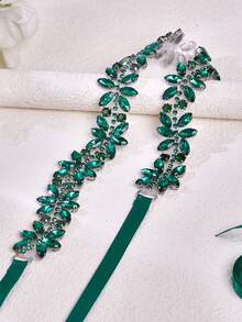 1pc Thin Green Rhinestone Applique Bridal Belt, Fashion Wedding Dress Waist Sash, Decor Accessory For Birthday Cocktail Surprise Theme Parties - Dark Green - View 7