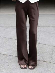 Pantalones para Mujer Marrón Sólidos, Cintura Elástica y Pierna Ancha Larga, Elegantes para Uso Casual y Fin de Semana en Verano - Marrón oscuro - Ver 1