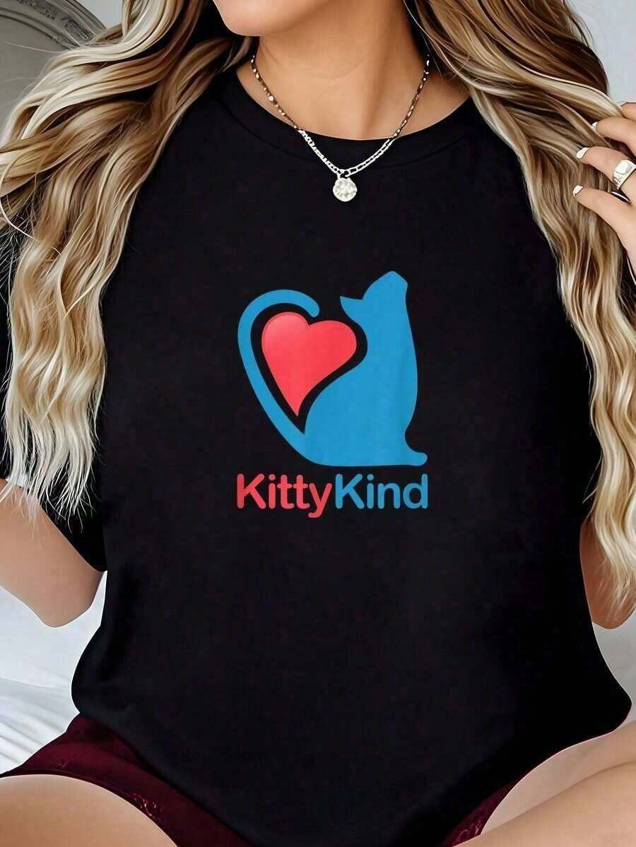 Camiseta CasualOfficial KittyKind Merch, Cuello Redondo, Diseño Artístico, Camiseta de Verano, Camisetas de Algodón de Verano Wo Wo's, Suaves y Casuales para Mujer - Negro - Ver 1