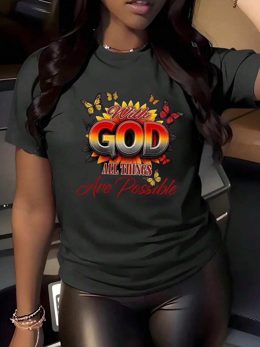 Suave, transpirable y ligera para comodidad durante todo el día. Camiseta de mujer "Faith" - "Estate con Dios, todo es posible" Mateo 26:41, top de manga corta con cuello redondo elástico y suave, ropa casual opaca para la iglesia, ropa religiosa inspiradora para uso diario en primavera, verano y otoño. Cuello redondo clásico con un corte relajado que favorece todas las formas del cuerpo y es fácil de combinar con jeans, shorts y leggings. - Negro - Ver 1