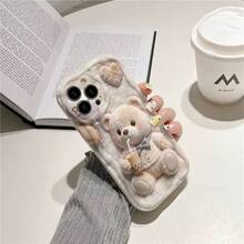 1pc Cute Bear Cartoon Pattern Phone Case, 2D Flat Design Cream Lace Trim Thick Shock-Proof Luxury Feel Phone Case - Multicolor - View 3