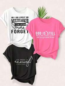 3 Artículo de moda: Camiseta casual de manga corta para mujer, con estampados como "Soy una excelente persona multitarea", "Dios aún está escribiendo tu historia" y "Su gracia es suficiente". Camiseta de mujer de manga corta con cuello redondo, de algodón puro, transpirable, estilo casual deportivo, ideal como regalo para las fiestas. Camiseta para mujer. - Blanco - Ver 7