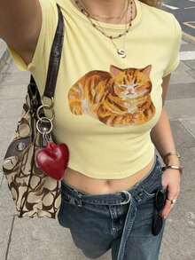 Camiseta de verano nueva, simple y elegante, con estampado de gato amarillo, cuello redondo, manga corta y cintura, versátil y adecuada para mujeres - Amarillo - Ver 5