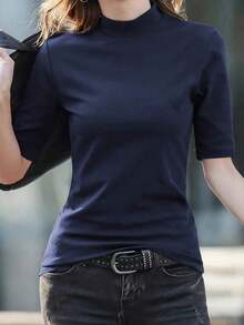 Camiseta Con Cuello De Pie De Manga Corta De Color Sólido - azul real - Ver 5