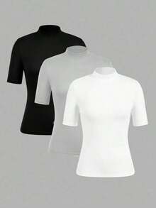 Set de 2 camisetas de manga larga y cuello alto ajustadas como capa base para mujer, adecuadas para la transición de otoño y para salir - Multicolor - Ver 12