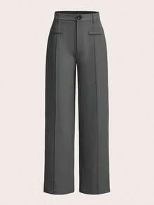 Pantalones Rectos De Verano Con Cintura Alta De Color Azul Claro - Gris Oscuro - Ver 5