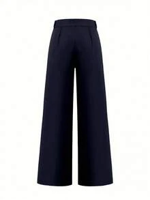 Pantalones Con Pierna Ancha Y Pliegues En Color Sólido Con Bolsillos Diagonales - Azul marino - Ver 2