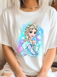Disney Frozen Elsa Watercolor Graphic T-Shirt For Women, Princess Print Short Sleeve Tee, Summer Tops For Women, Vacation Outfits, Breathable Cotton Crew Neck T-Shirt, Casual Theme Park Tops De Mujer - trắng - Xem 1